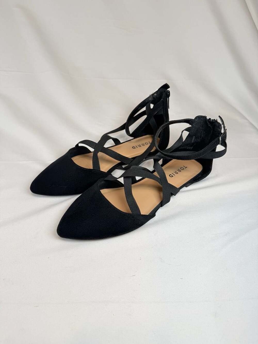 Torrid Womens Black Faux Suede Pointed Toe Elastic Strappy Zipper Flats Quiet Lu